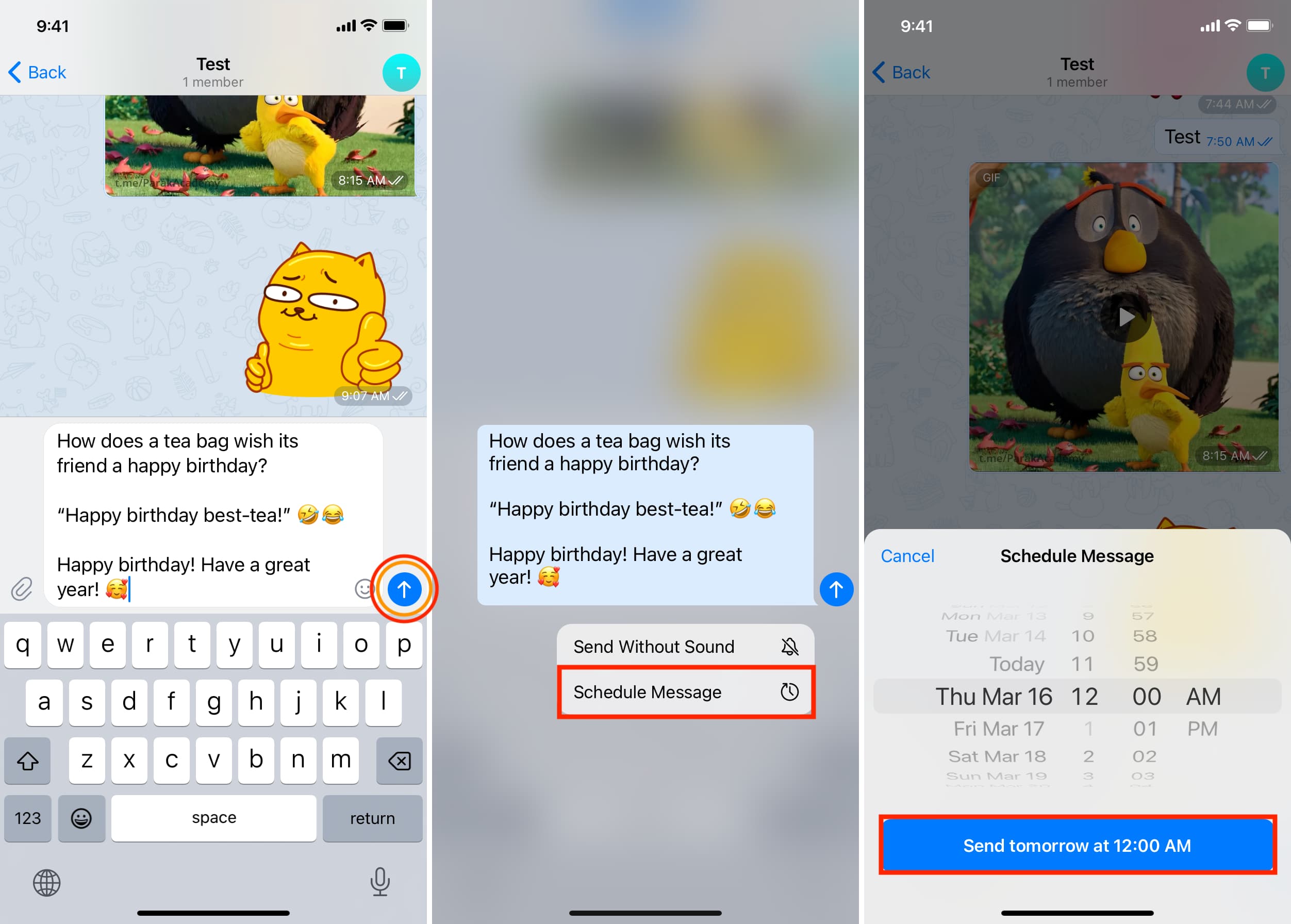 A three-step guide on scheduling messages in Telegram on an iPhone. The first image shows a user typing a message and holding the send button. The second image highlights the "Schedule Message" option in the pop-up menu. The third image displays the scheduling interface where the user selects a date and time for the message to be sent