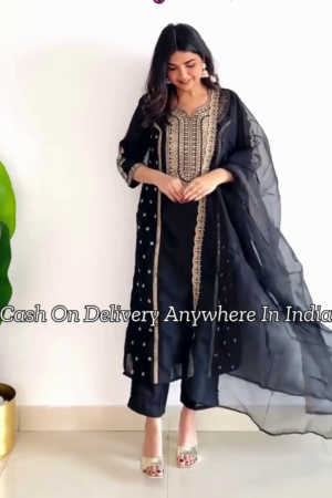 Black Ethnic Motifs Embroidered Panelled Kurta With Trousers & Dupatta