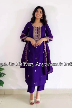 Purple Ethnic Motifs Embroidered Sequinned Straight Kurta with Trousers & Dupatta