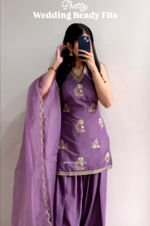 Womenâs Lavender Viscose Chanderi Embroidered Ethnic Straight Kurta Set with Dupatta