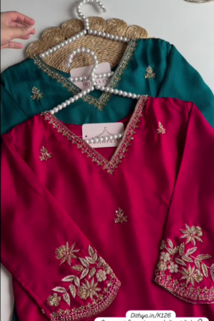 Floral Yoke Design Beads Work Pure Silk Kurta With Pyjama & Dupatta Red