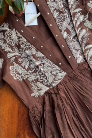 Women Brown Embroidered  Work Pure Cotton Kurta Set With Dupatta