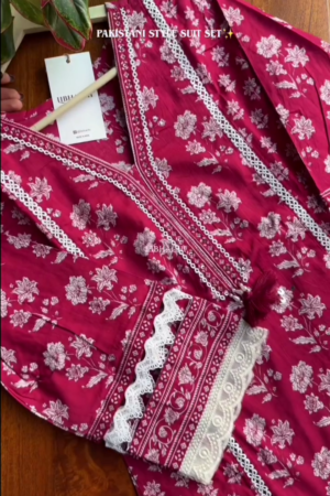 Cotton Kurta Set with Moti & Lace Embellishments - Pink