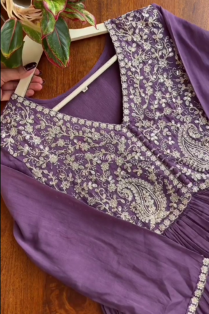 Purple Mulmul Cotton Embroidered Kurta Set with Dupatta & Pant with lining