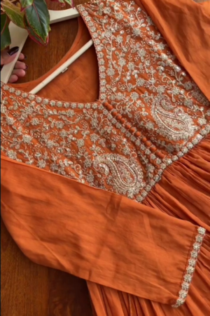 Orange Mulmul Cotton Embroidered Kurta Set with Dupatta & Pant with lining