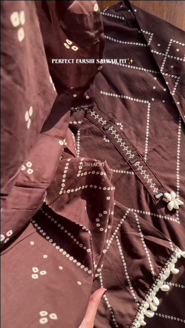 Brown Bandhani Printed Straight Fit Kurta Set - Image 6