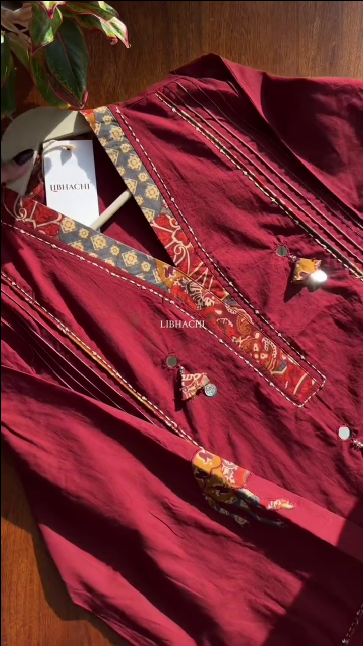 Women Mirror Work Pure Cotton Kurta With Trouser - Red