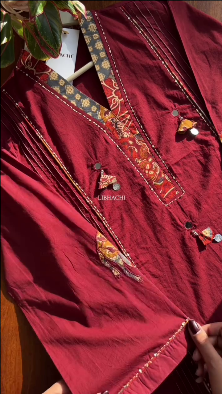 Women Mirror Work Pure Cotton Kurta With Trouser - Red - Image 2