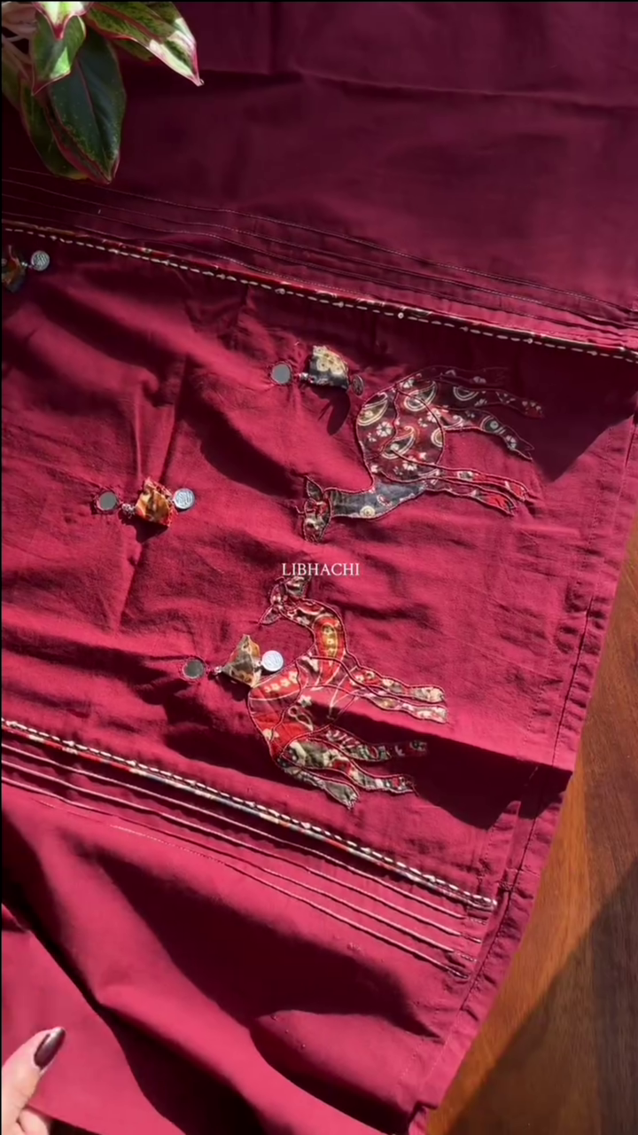 Women Mirror Work Pure Cotton Kurta With Trouser - Red - Image 5