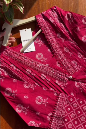 A-Line Rani Pink Cotton Set with Divider Bottom & Crochet Lace Detailing