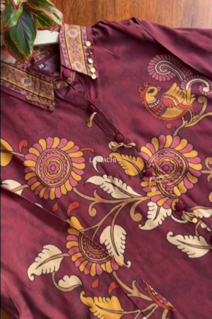 Maroon Cotton Short Kurta With Bold Yellow Floral Block Prints