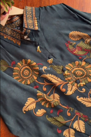 Blue Cotton Short Kurta With Bold Yellow Floral Block Prints