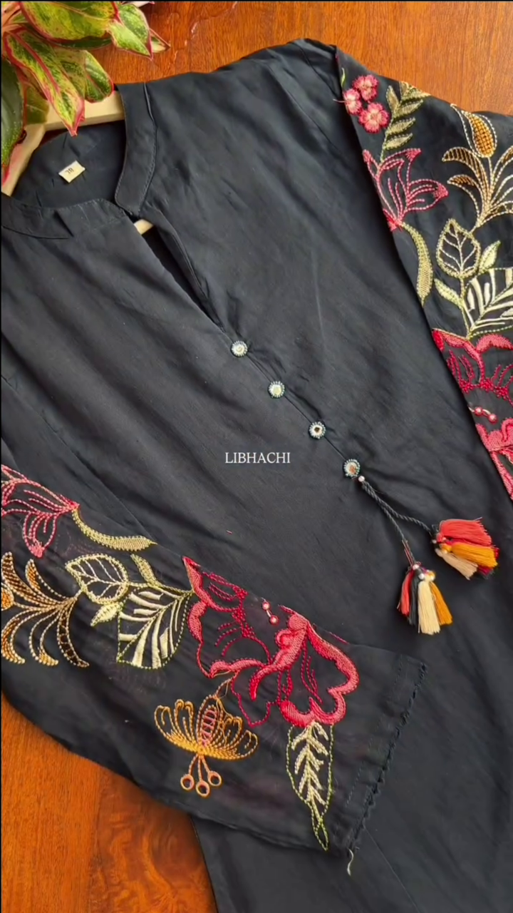 Black Floral Embroidered Cotton Kurta