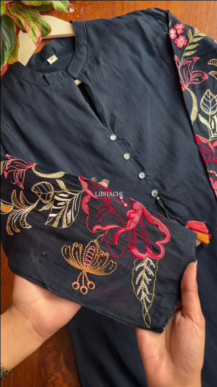Black Floral Embroidered Cotton Kurta - Image 2