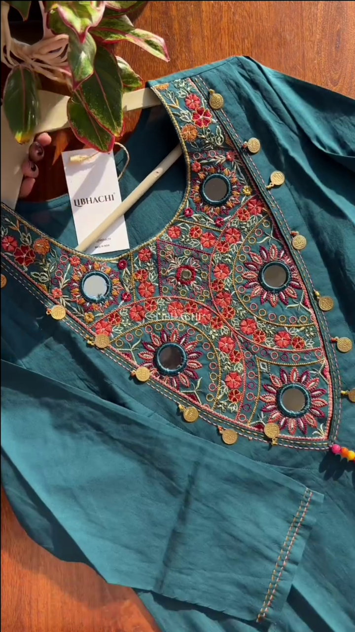 Women Green Embroidered Mirror Work Pure Cotton Kurta With Trousers