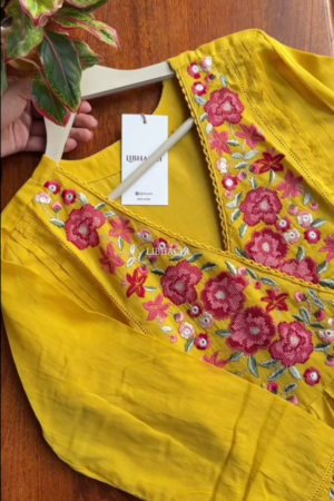 Mul Mul cotton embroidered Anarkali with pants and dupatta – Yellow