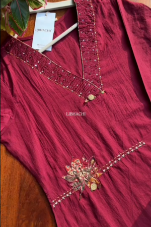 Women Red Embroidered Work Pure Cotton Kurta With Trousers