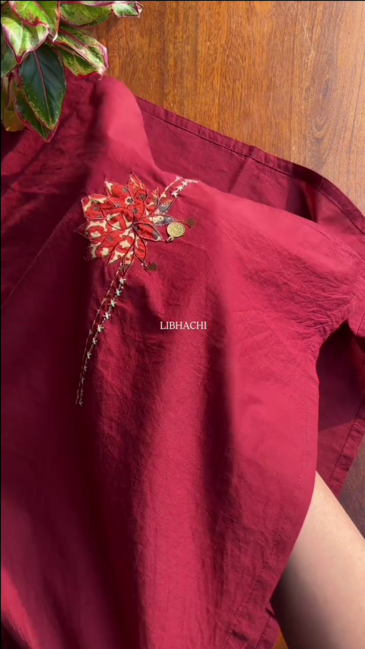 Women Red Embroidered Work Pure Cotton Kurta With Trousers - Image 5