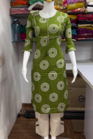 Olive Green Circular Print Kurta Pant Set