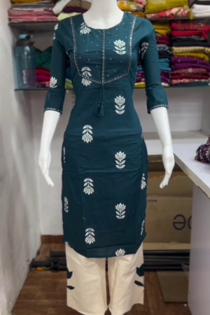 Teal Blue Printed Kurta Pant Set