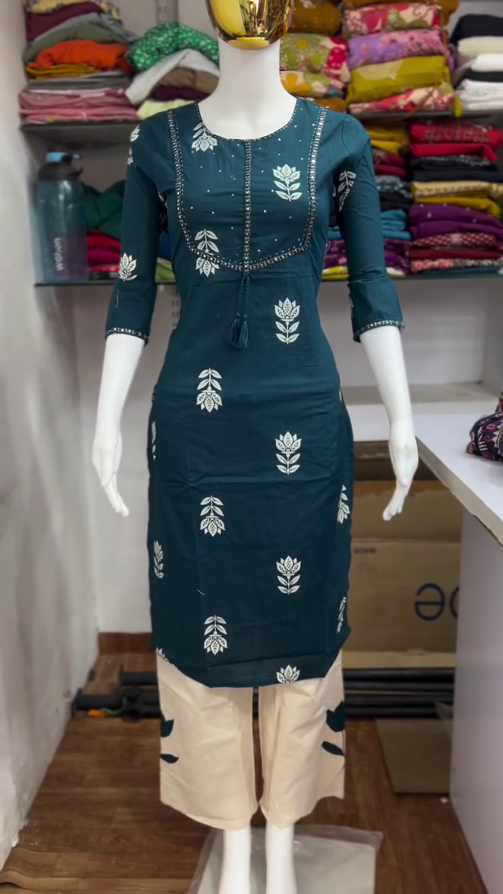 Teal Blue Printed Kurta Pant Set