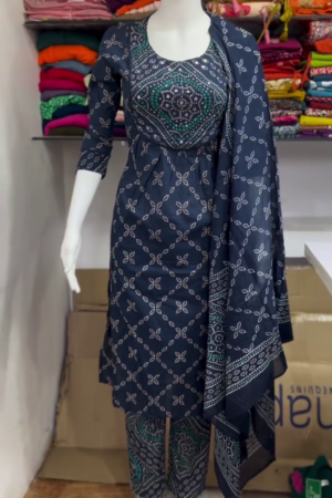 Navy Blue Bandhani Print Three Piece Suit Set
