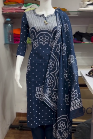 Navy Blue Bandhani Printed Three Piece Suit Set