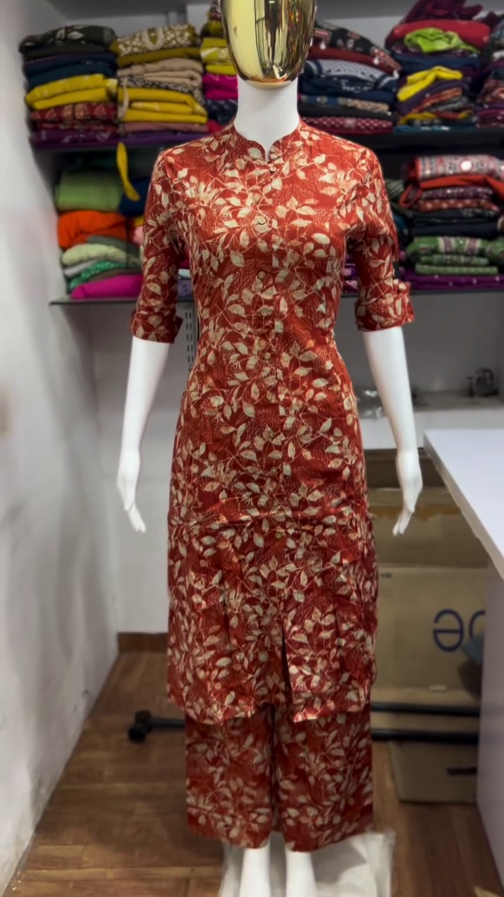 Rust Floral Printed Kurta Palazzo Set