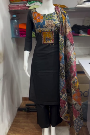 Black Patchwork Print Kurta Pant Set with Dupatta
