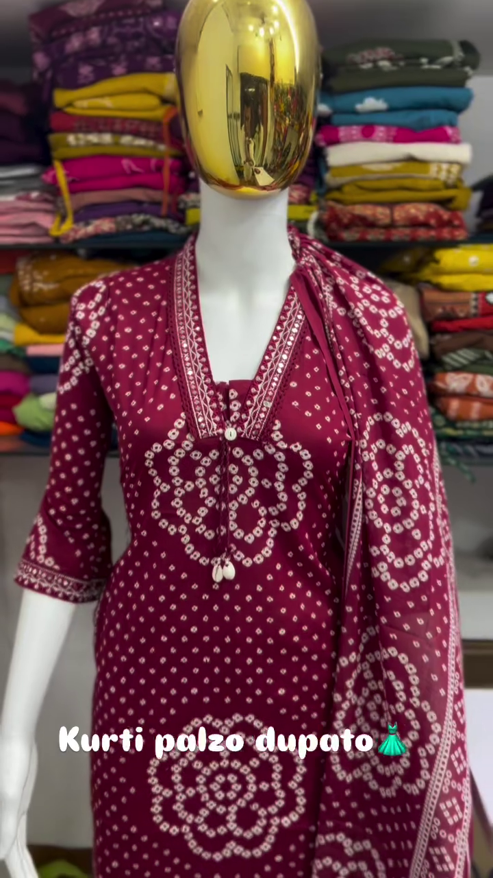 Maroon Bandhani Printed Kurta Palazzo Dupatta Set - Image 2