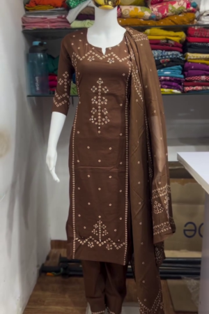 Chocolate Brown Bandhani Print Three Piece Suit Set