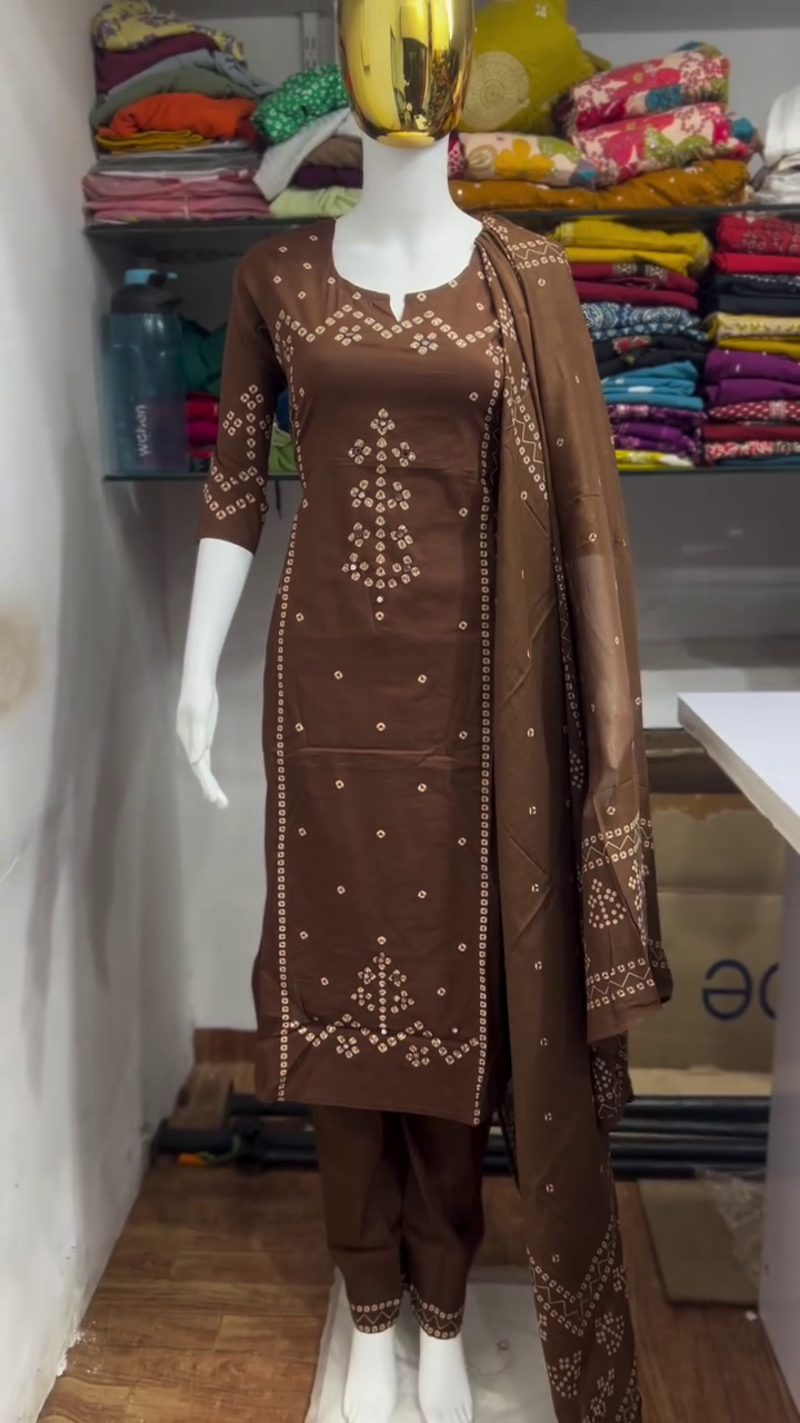 Chocolate Brown Bandhani Print Three Piece Suit Set