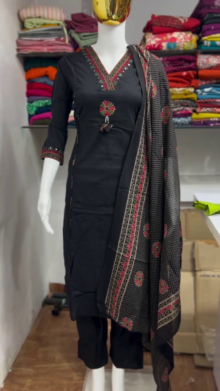 Black Embroidered Kurta Pant Dupatta Set
