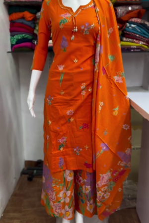 Orange Floral Printed Three Piece Suit Set