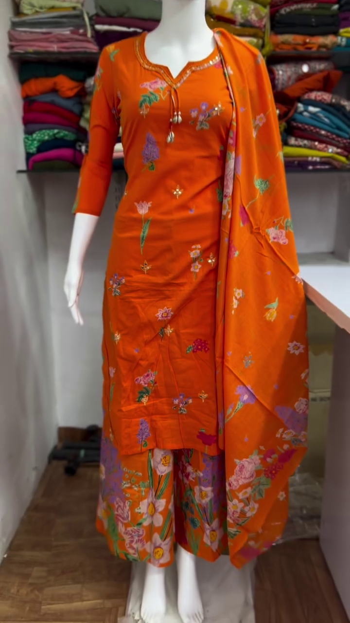 Orange Floral Printed Three Piece Suit Set