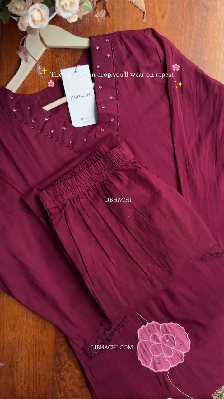 Wine Mul Cotton Co-Ord Set