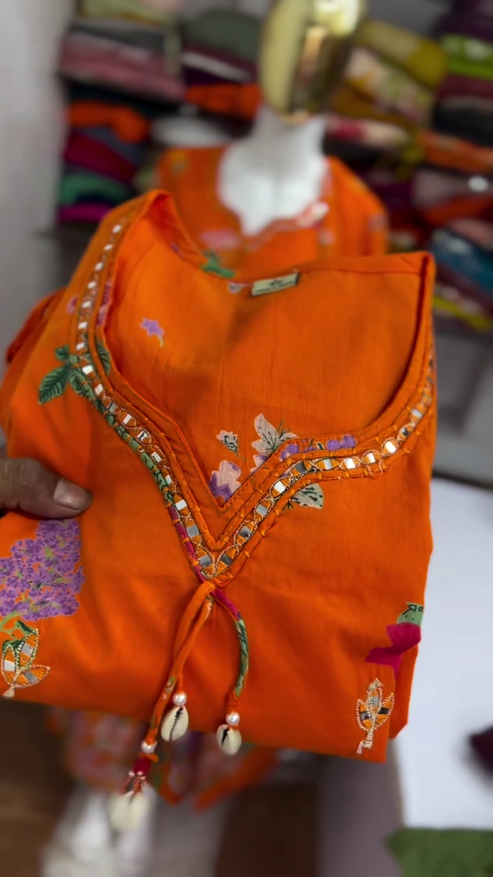 Orange Floral Printed Three Piece Suit Set - Image 2
