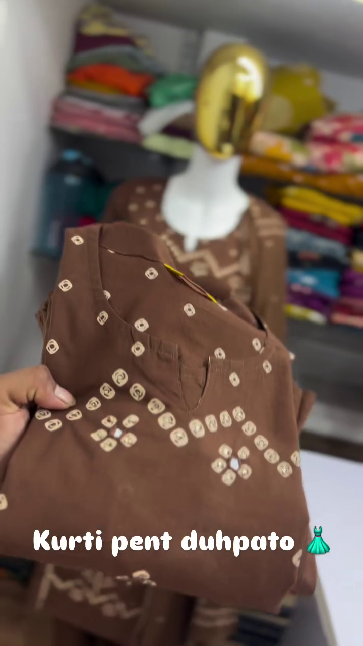 Chocolate Brown Bandhani Print Three Piece Suit Set - Image 2