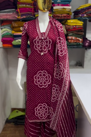 Maroon Bandhani Printed Kurta Palazzo Dupatta Set