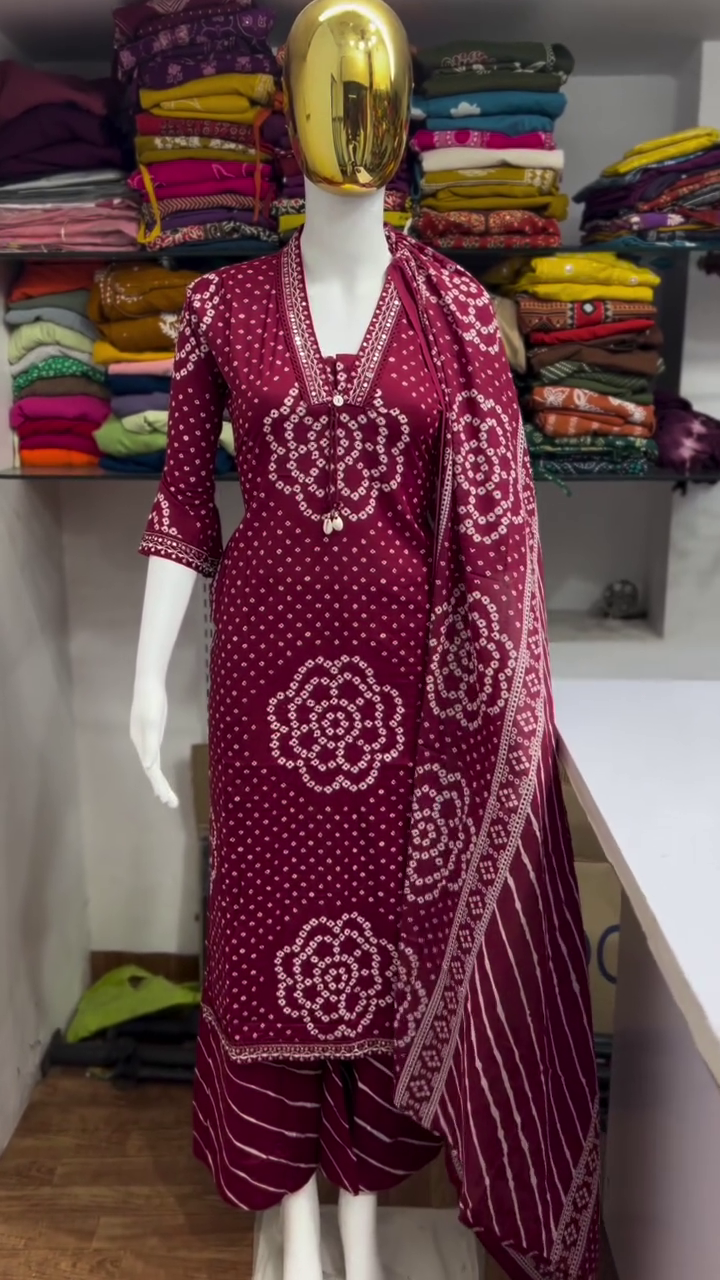 Maroon Bandhani Printed Kurta Palazzo Dupatta Set