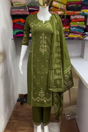 Olive Green Bandhani Print Three Piece Suit Set
