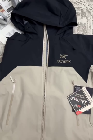 Black & Beige Waterproof Hooded Rain Jacket