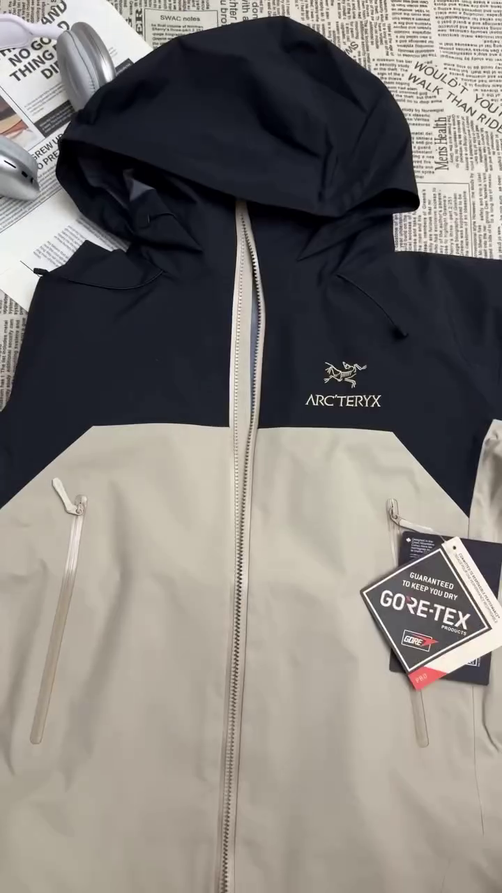 Black & Beige Waterproof Hooded Rain Jacket