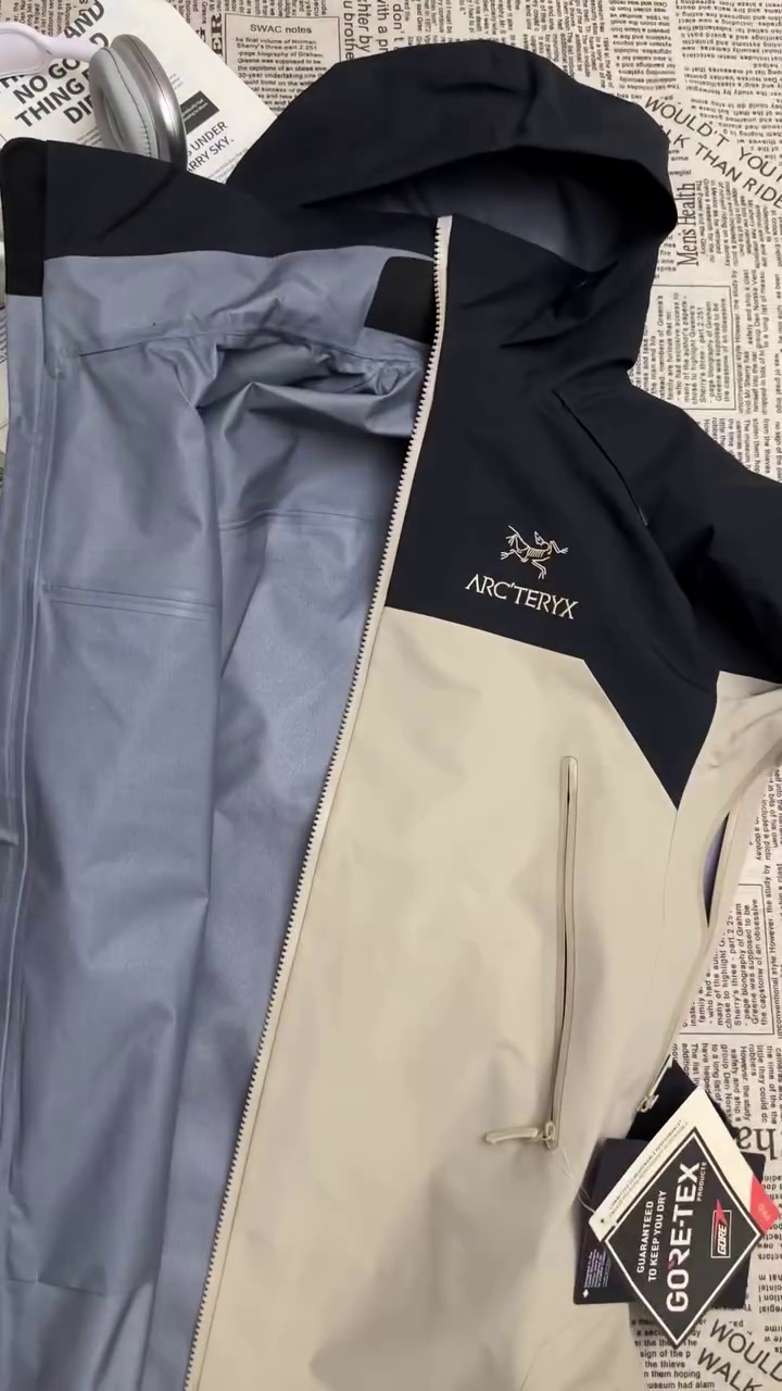 Black & Beige Waterproof Hooded Rain Jacket - Image 3