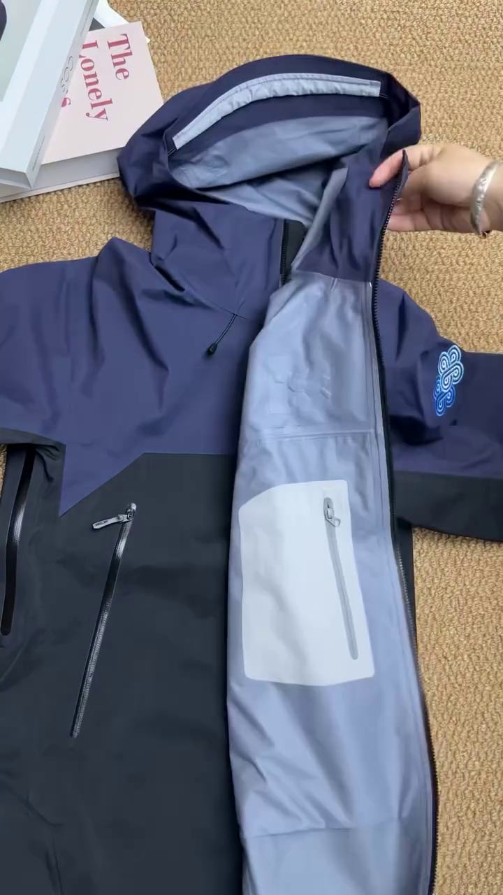 Navy Blue Color Block Waterproof Hooded Performance Shell Jacket - Image 4