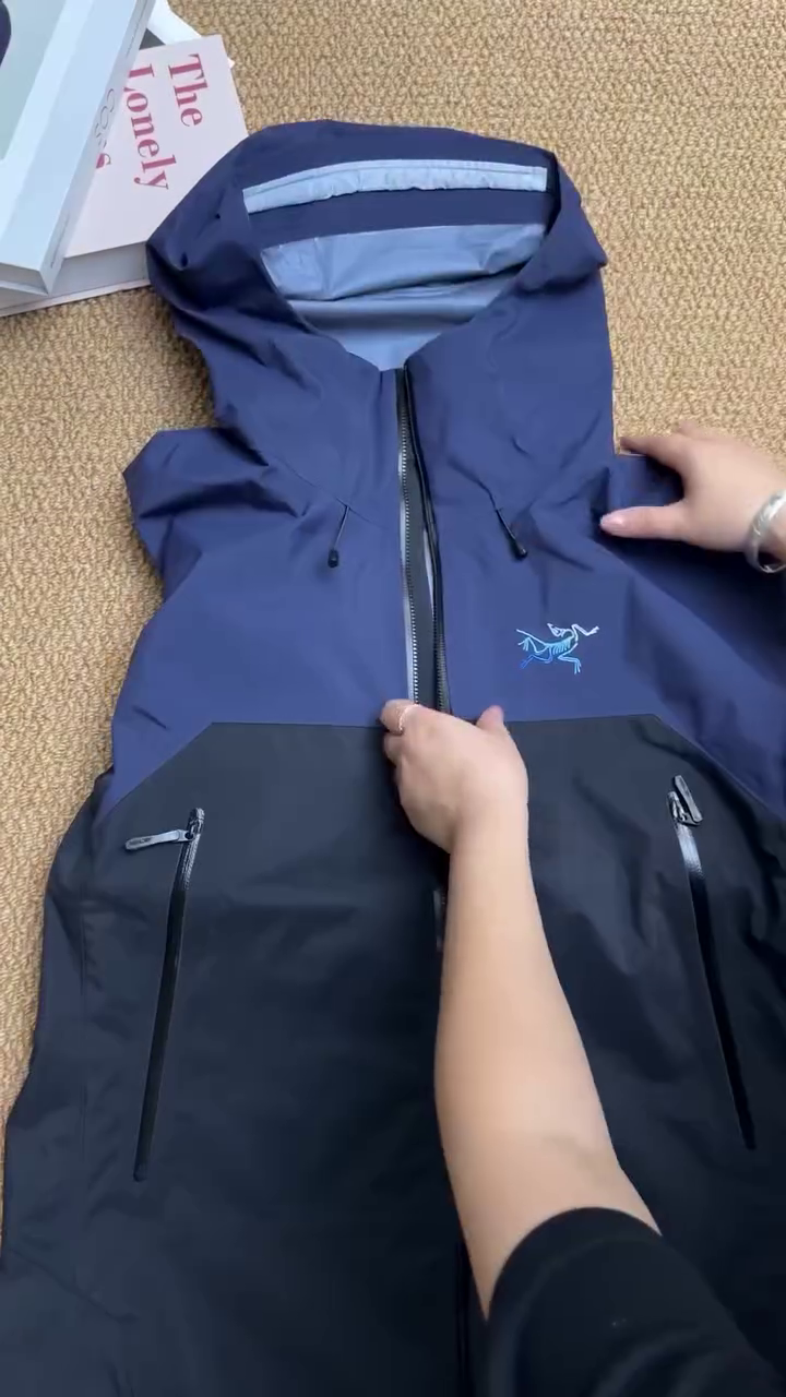 Navy Blue Color Block Waterproof Hooded Performance Shell Jacket - Image 2