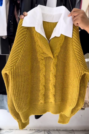 Women's Winter Mustard Knit Sweater with White Collar