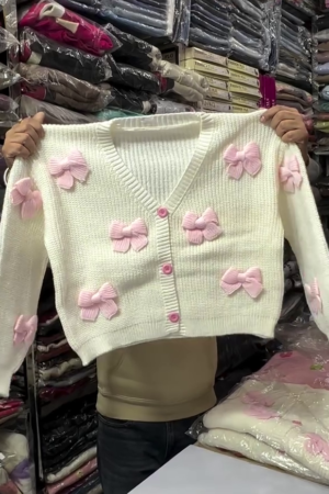 Cream & Pink Bow Detail Winter Cardigan