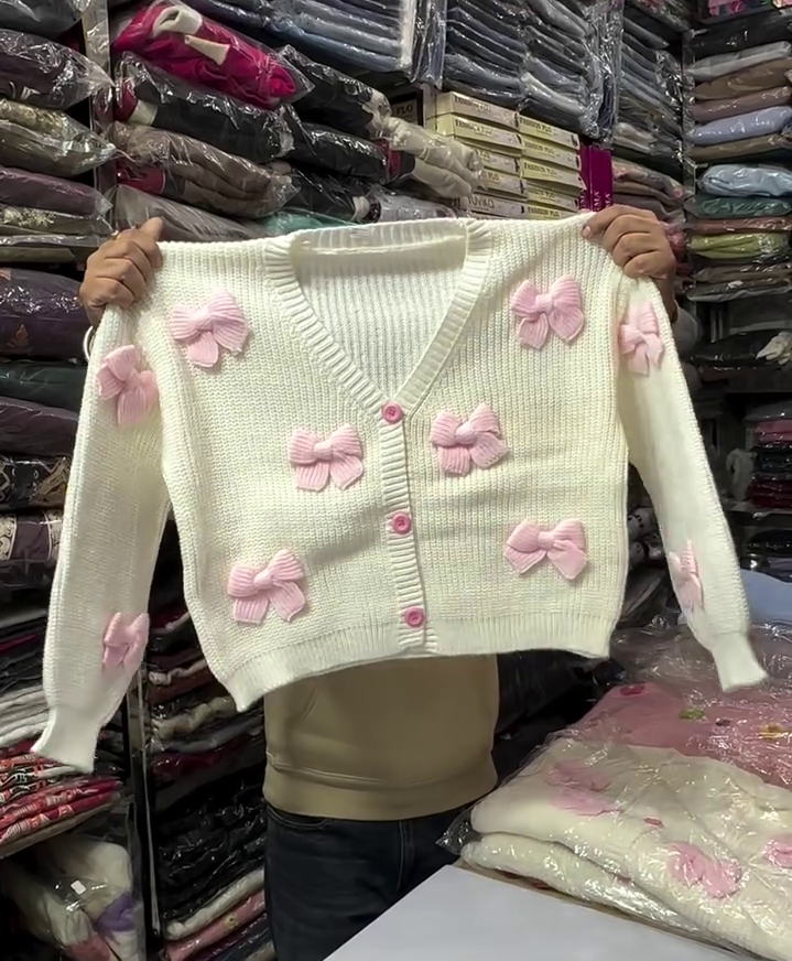 Cream & Pink Bow Detail Winter Cardigan
