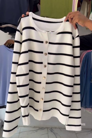 White & Black Striped Winter Cardigan